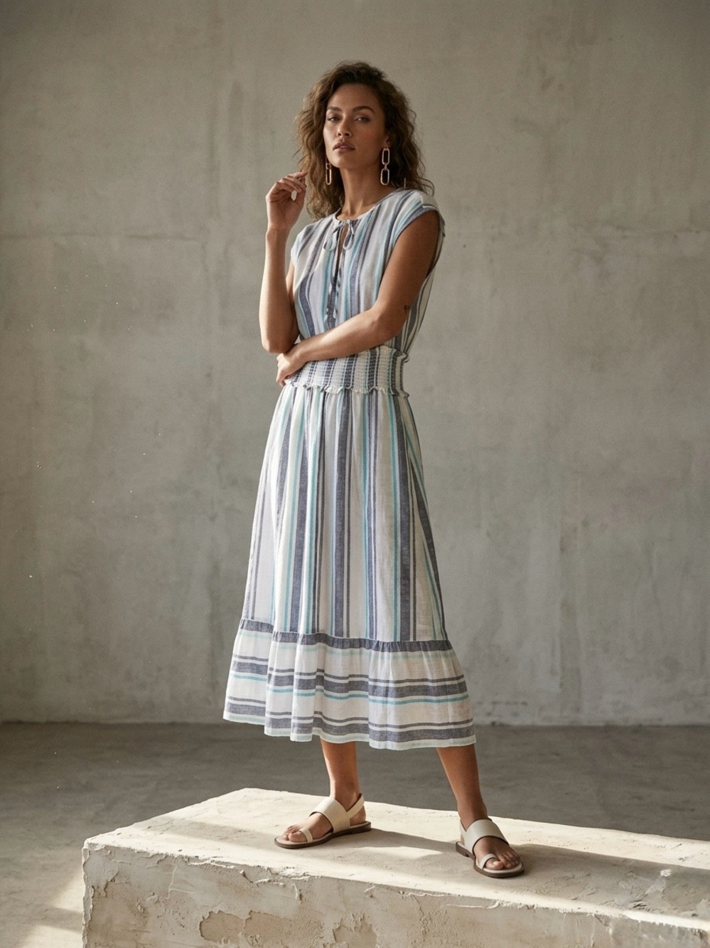 Rails Ashlyn Dress in Fremont Stripe Blue Smocked Midi Dress XS